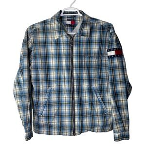 Vintage Tommy Hilfiger Windbreaker Jacket Men Medium Blue Plaid Zip Up 90s